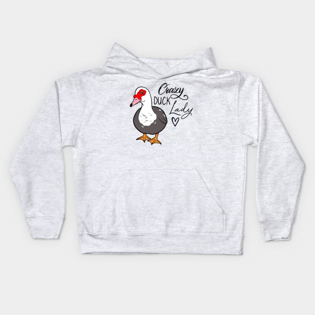 Crazy duck lady female Muscovy grey Kids Hoodie by Jurassic Ink